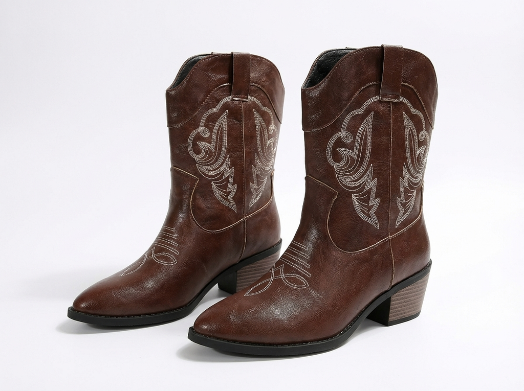 Santiag mi-haute marron Simili Cuir Femme - Broderies contrastées