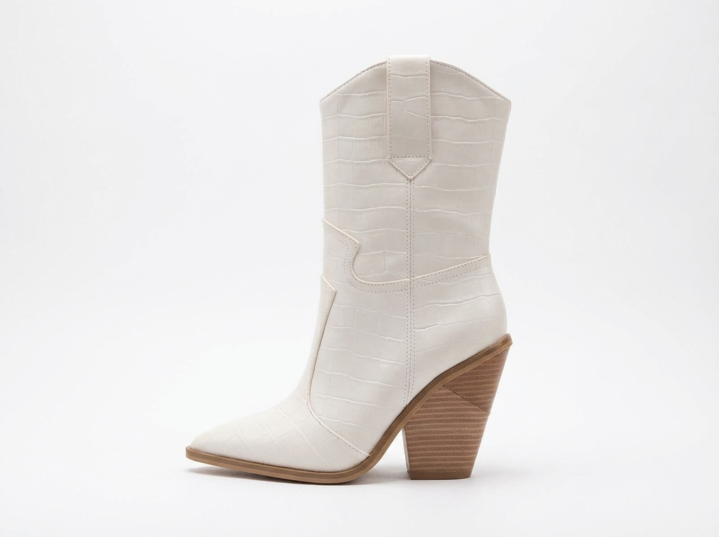Santiag mi-haute blanc Simili Cuir Femme - Talon carré, bout pointu