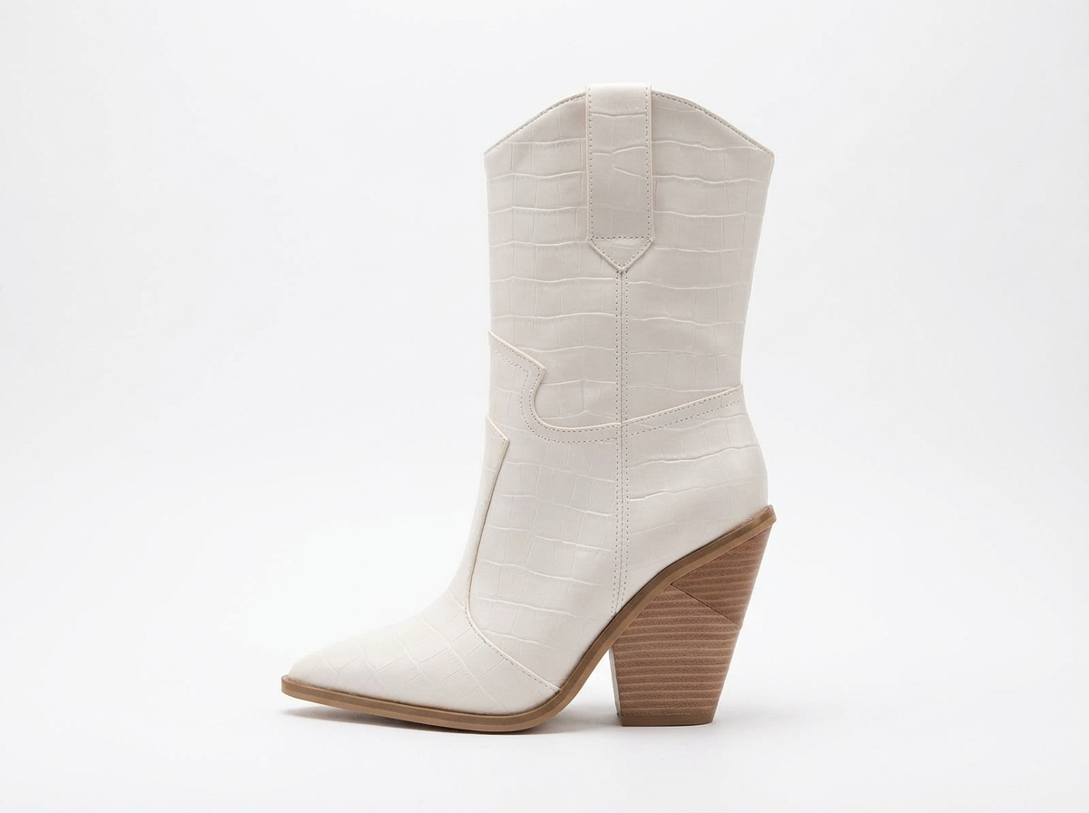 Santiag mi-haute blanc Simili Cuir Femme - Talon carré, bout pointu
