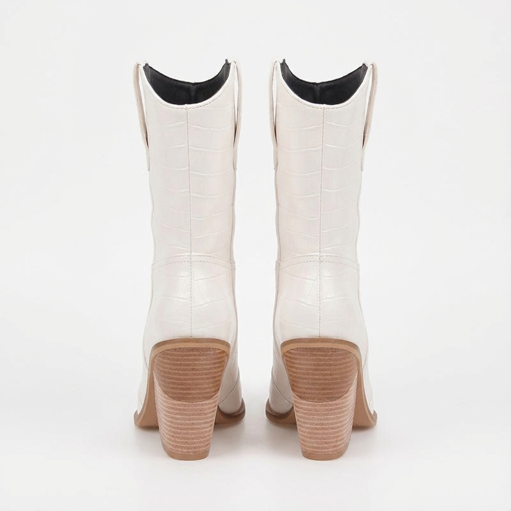 Santiag mi-haute blanc Simili Cuir Femme - Talon carré, bout pointu
