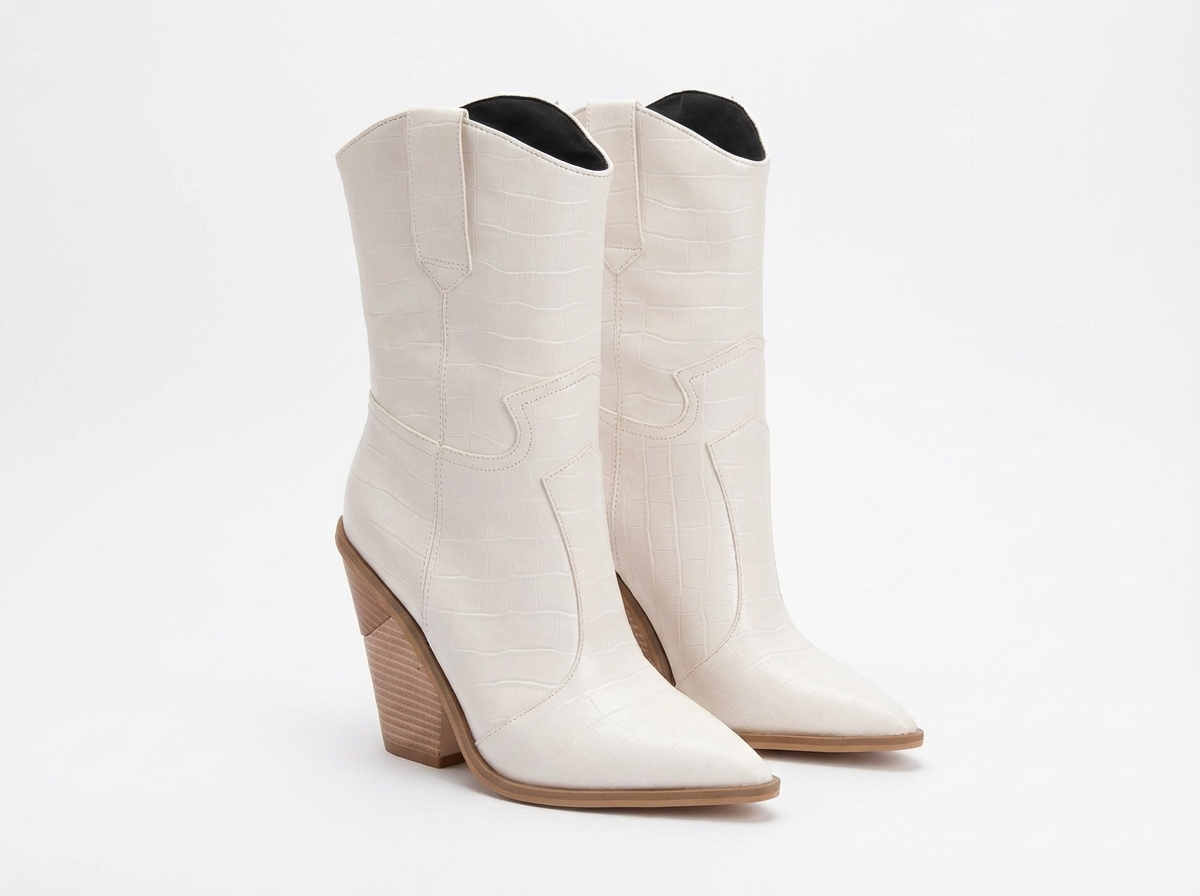Santiag mi-haute blanc Simili Cuir Femme - Talon carré, bout pointu