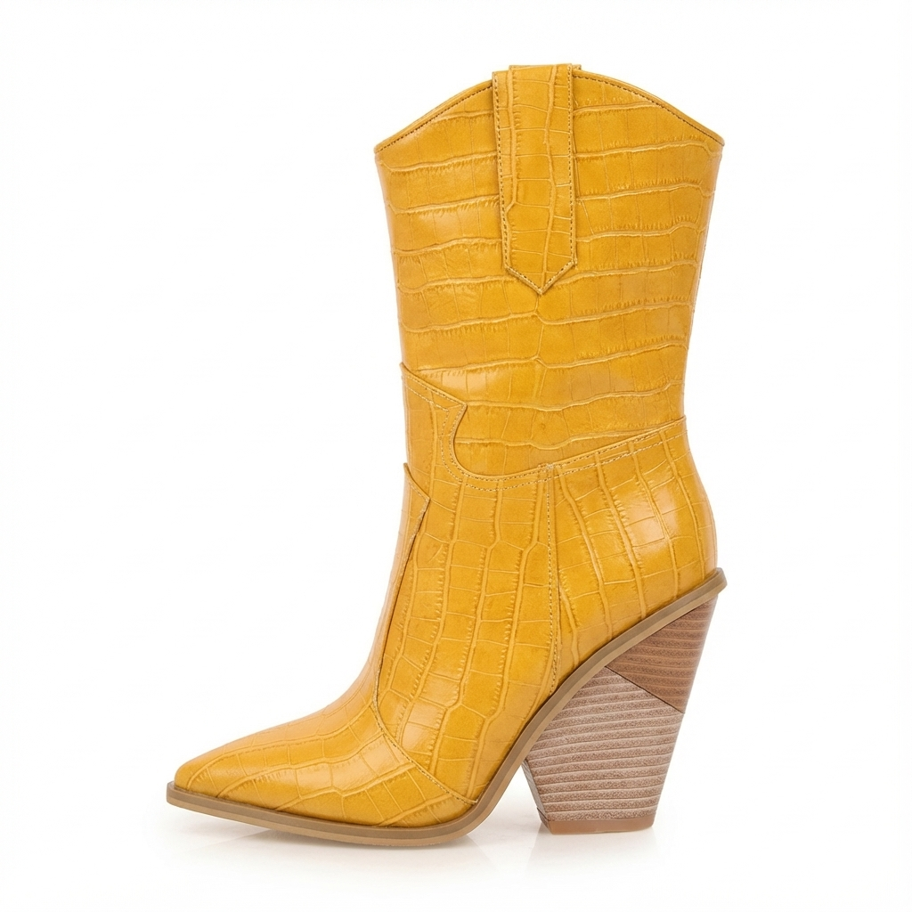 Santiag mi-haute jaune Simili Cuir Femme - Effet crocodile, talon incliné