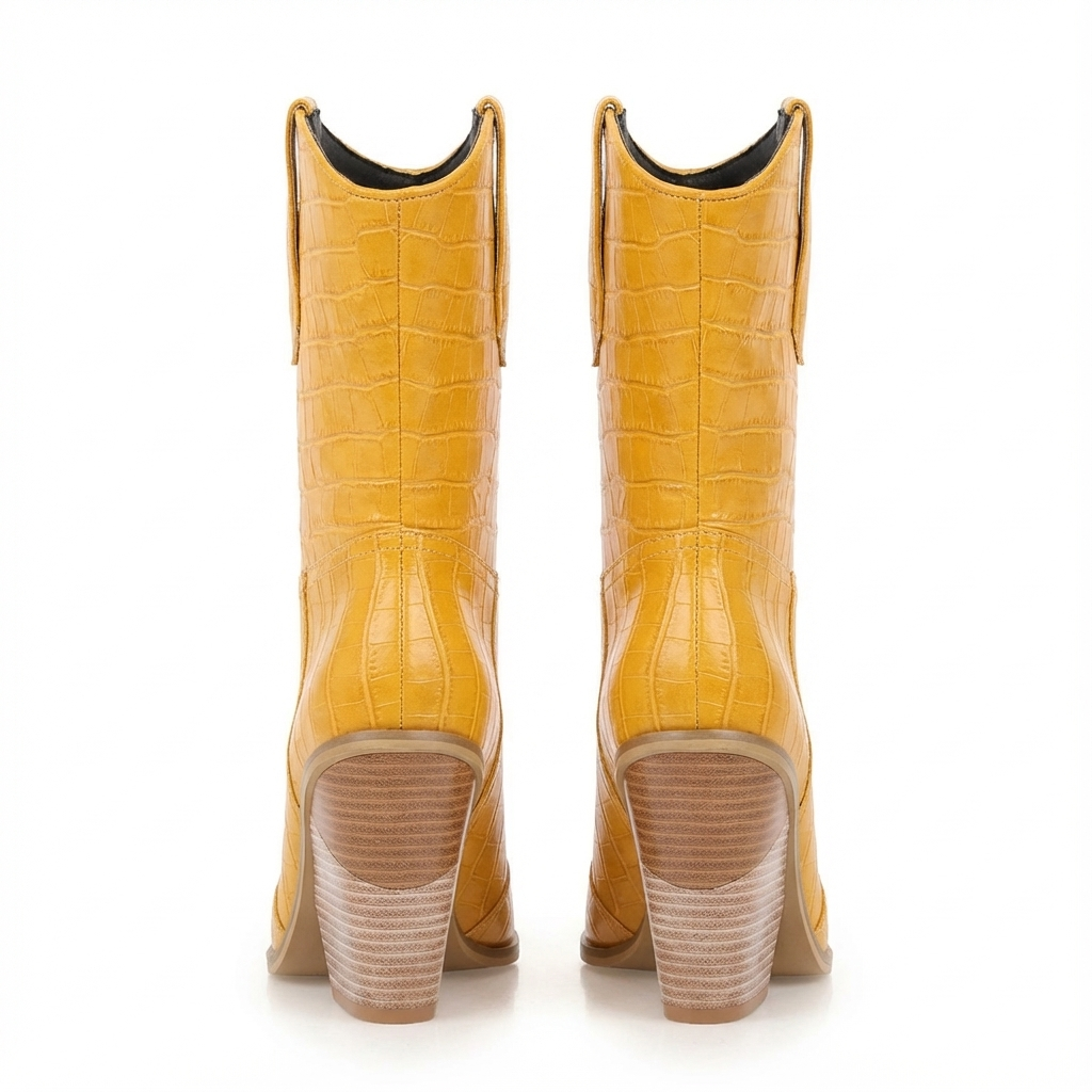 Santiag mi-haute jaune Simili Cuir Femme - Effet crocodile, talon incliné