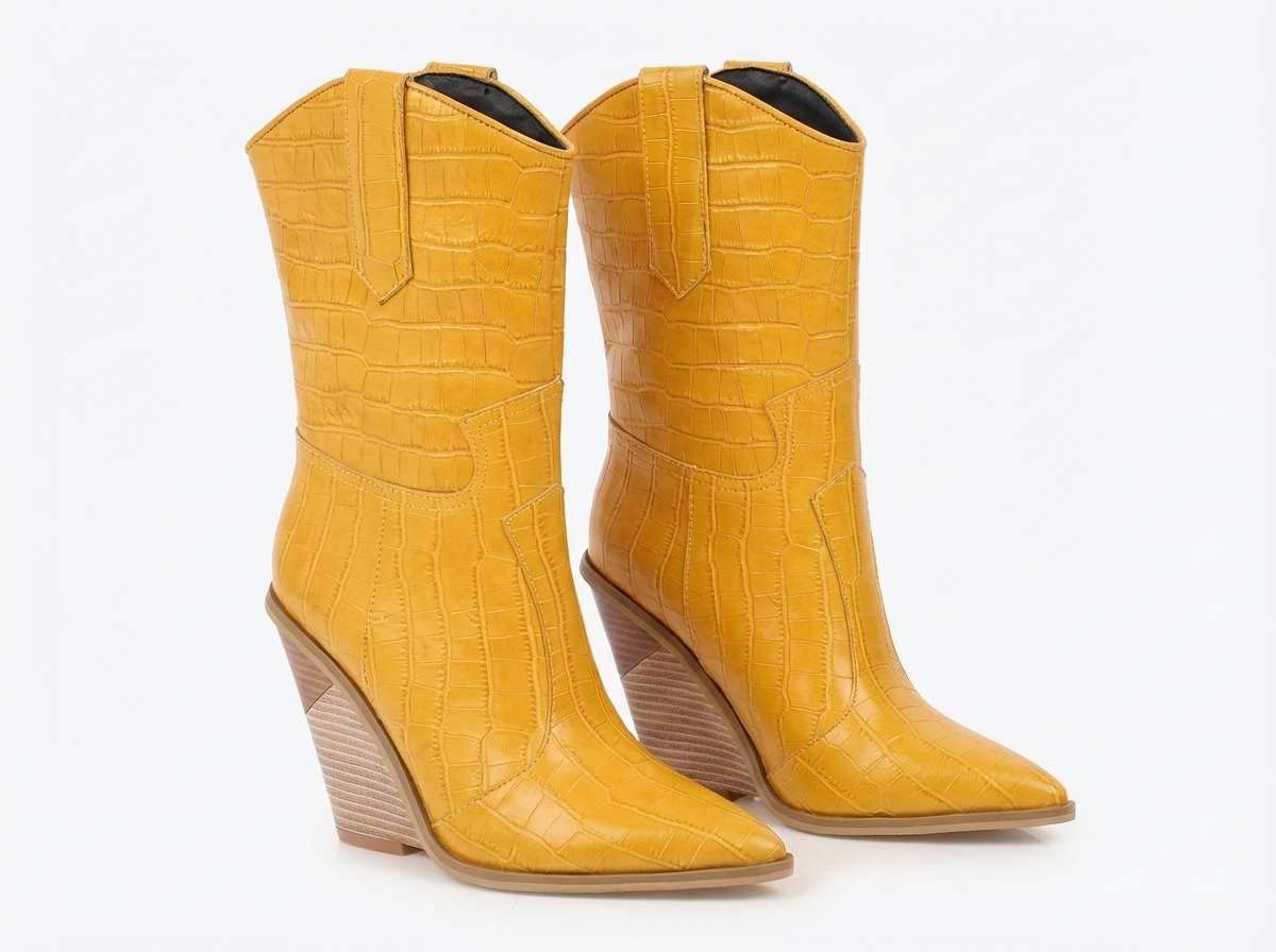Santiag mi-haute jaune Simili Cuir Femme - Effet crocodile, talon incliné
