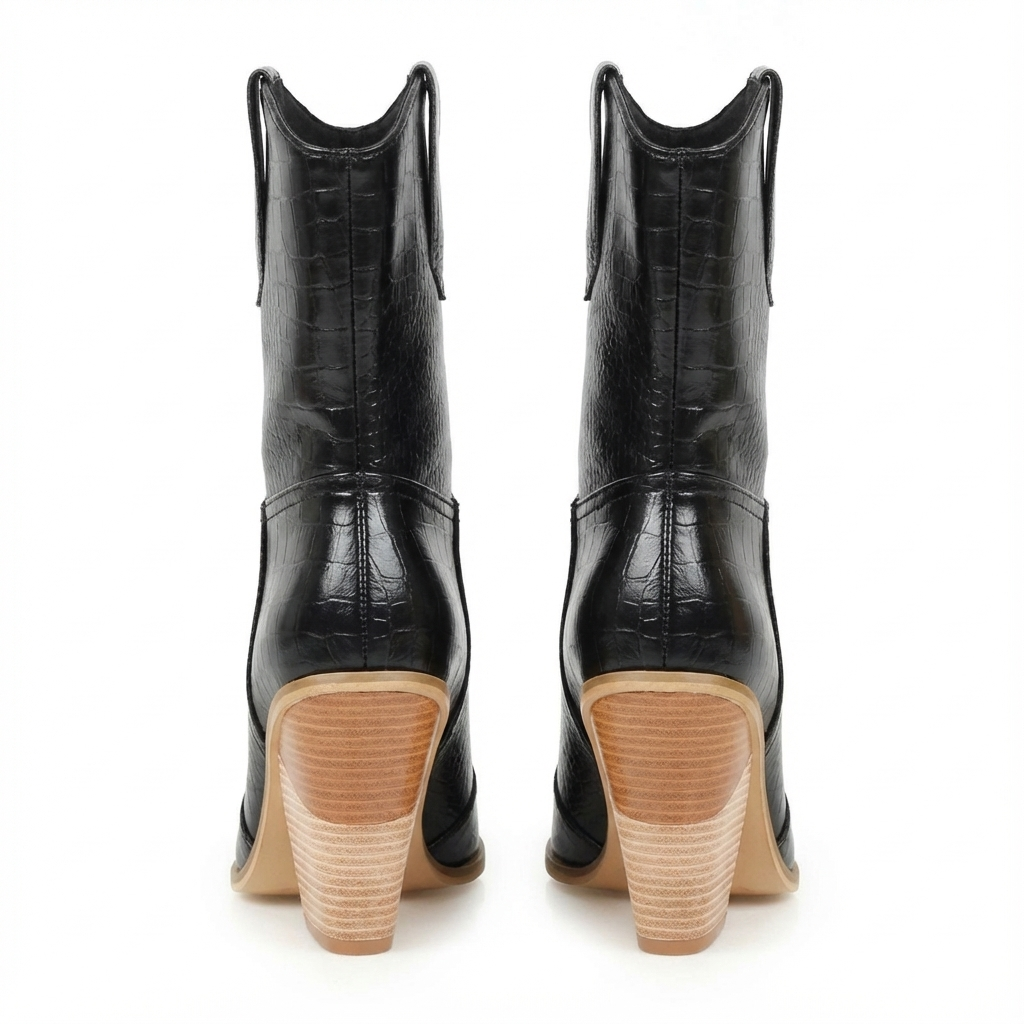 Santiag mi-haute noir Simili Cuir Femme - Effet crocodile, talon carré