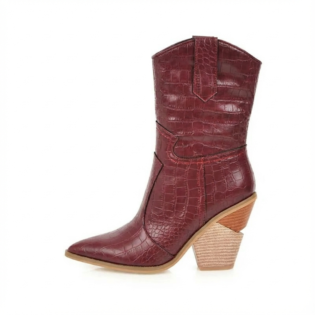Santiag mi-haute marron Simili Cuir Femme - Motif crocodile, talon carré