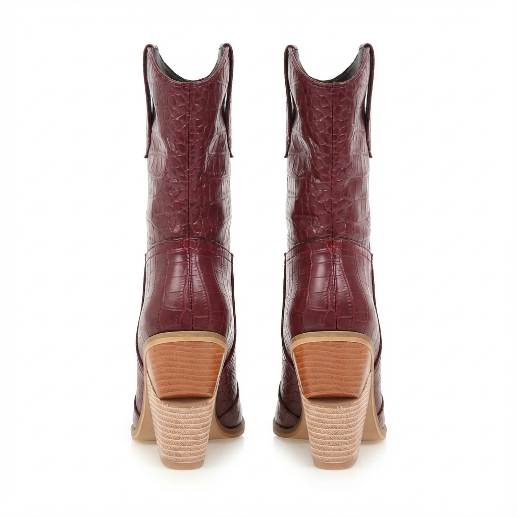 Santiag mi-haute marron Simili Cuir Femme - Motif crocodile, talon carré