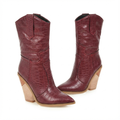 Santiag mi-haute marron Simili Cuir Femme - Motif crocodile, talon carré