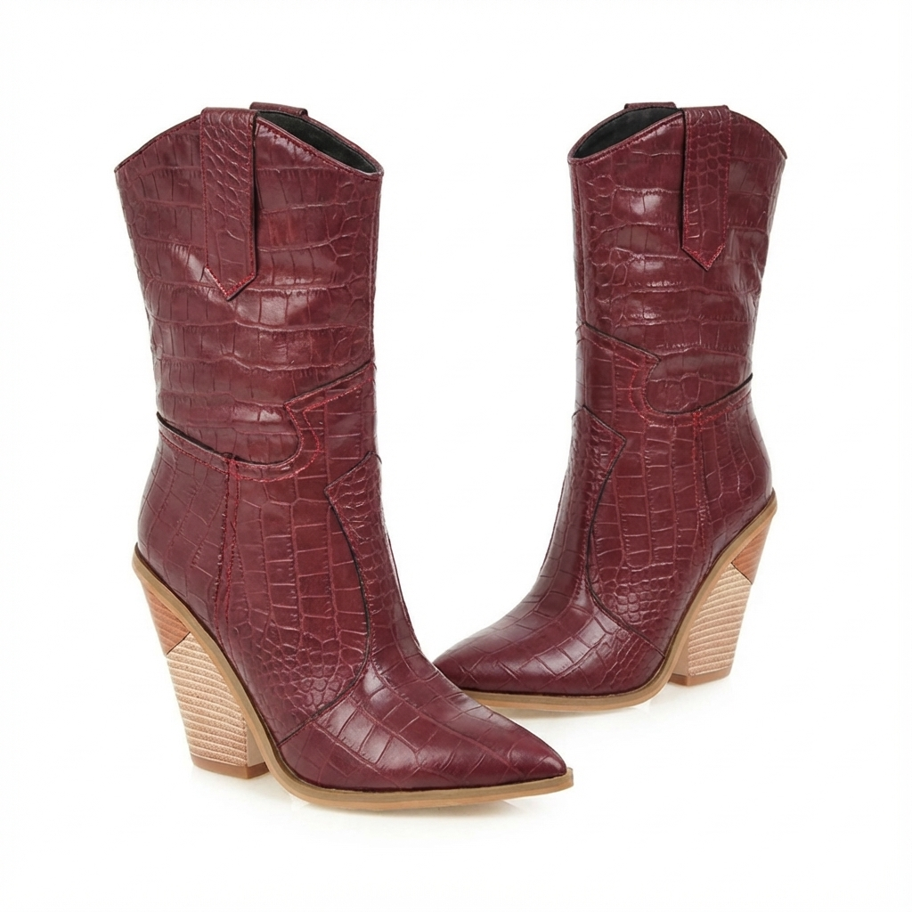 Santiag mi-haute marron Simili Cuir Femme - Motif crocodile, talon carré