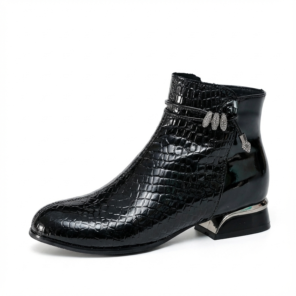 Bottine à talon noir Cuir Femme - Crocodile, nœud