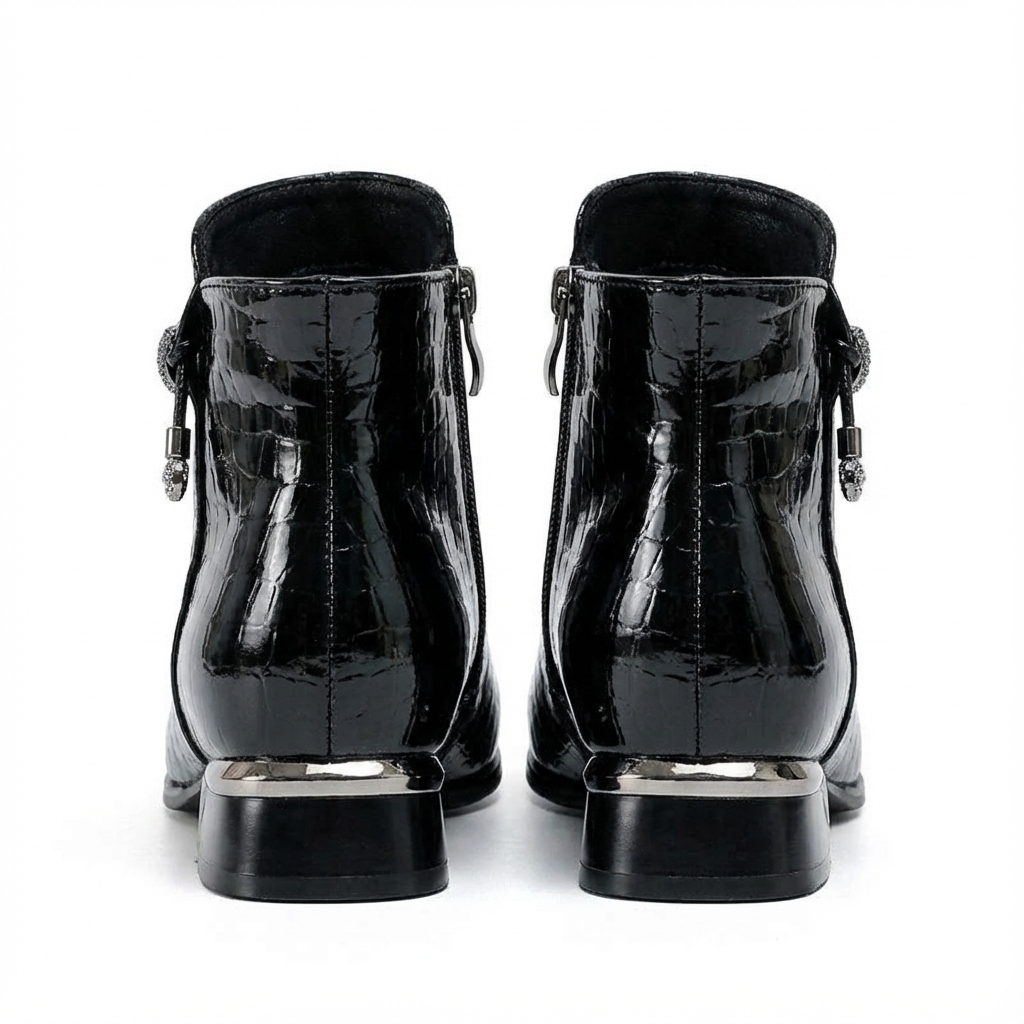 Bottine à talon noir Cuir Femme - Crocodile, nœud