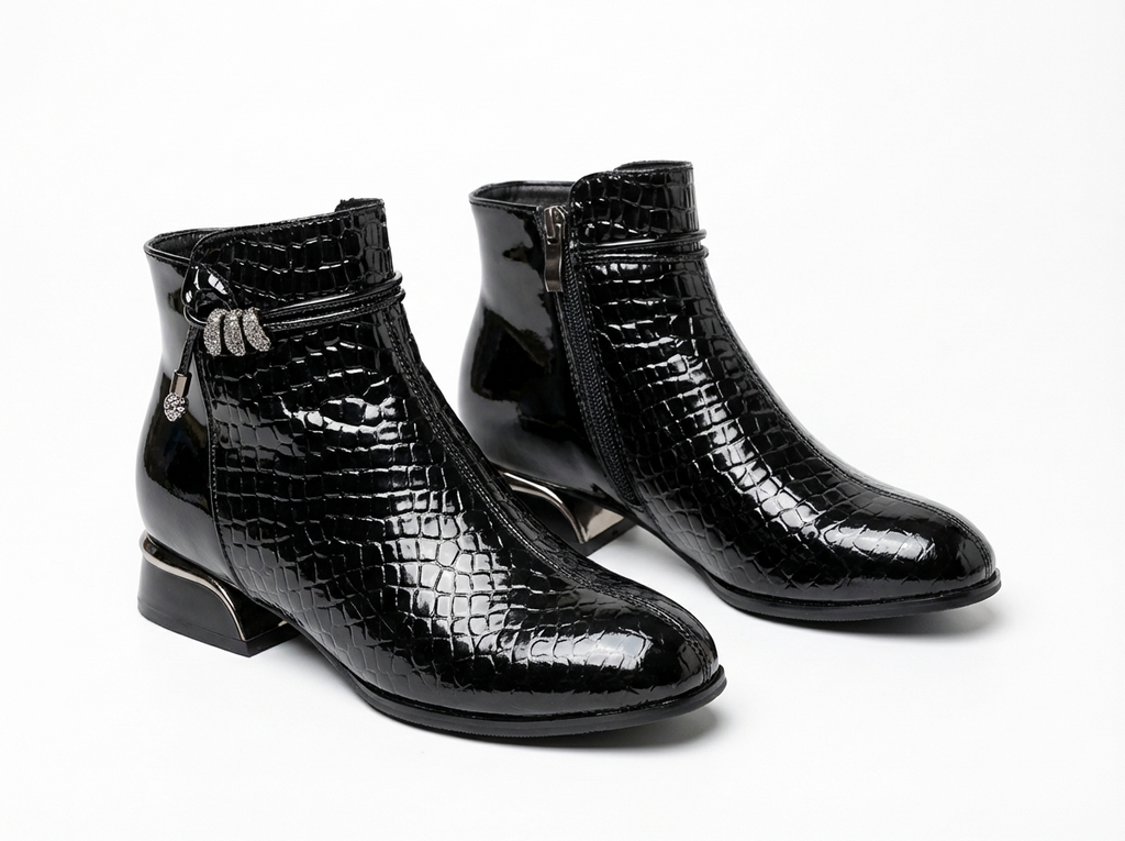 Bottine à talon noir Cuir Femme - Crocodile, nœud