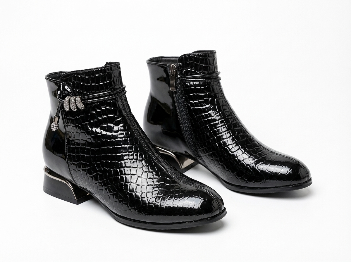 Bottine à talon noir Cuir Femme - Crocodile, nœud