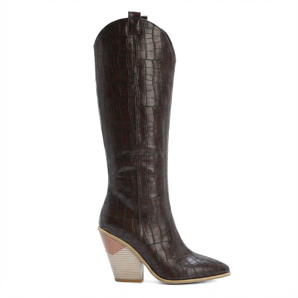 Santiag haute marron foncé Daim Synthétique Femme - Motif crocodile, talon incliné