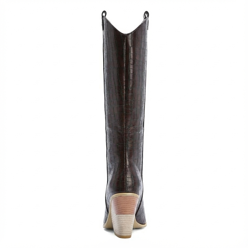 Santiag haute marron foncé Daim Synthétique Femme - Motif crocodile, talon incliné