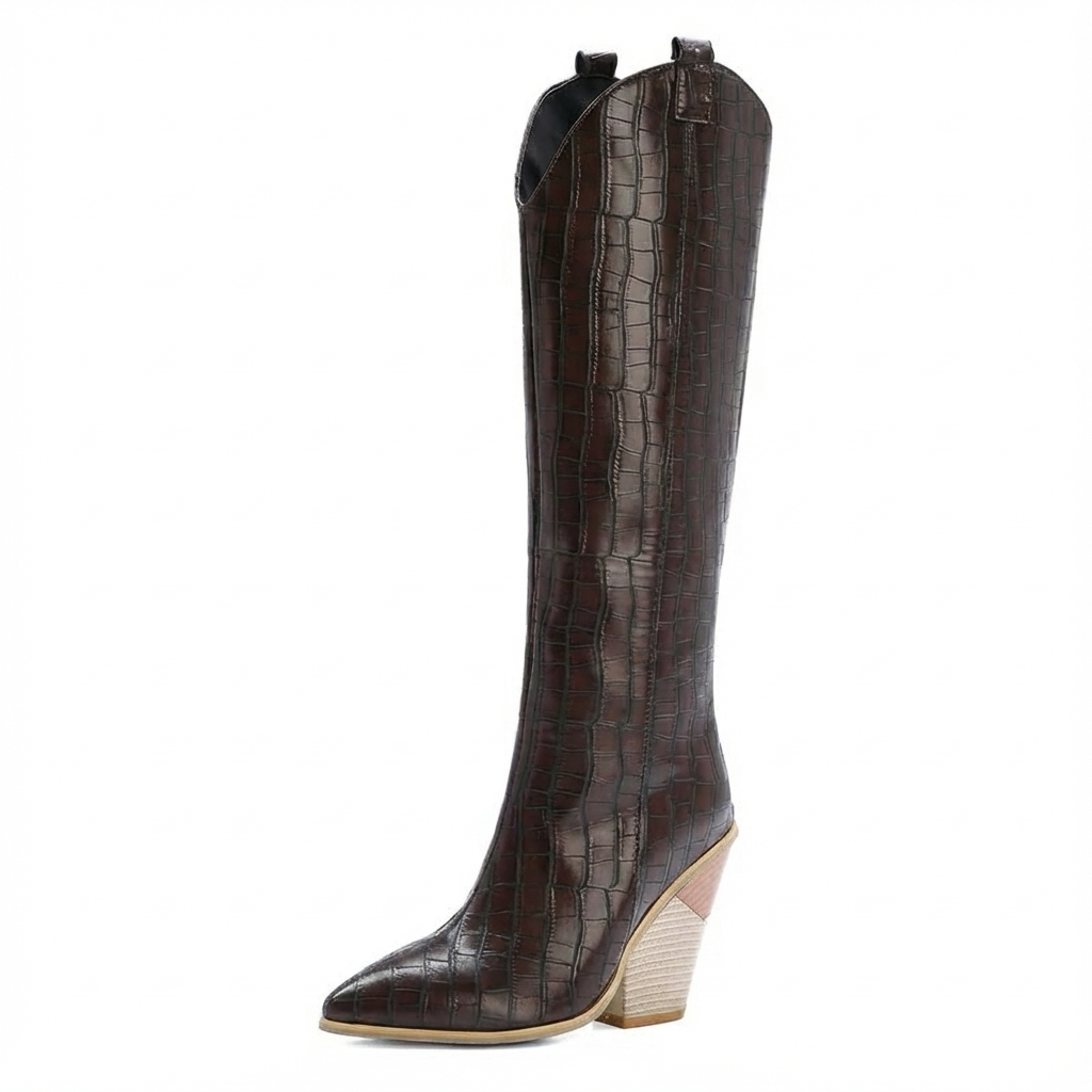 Santiag haute marron foncé Daim Synthétique Femme - Motif crocodile, talon incliné
