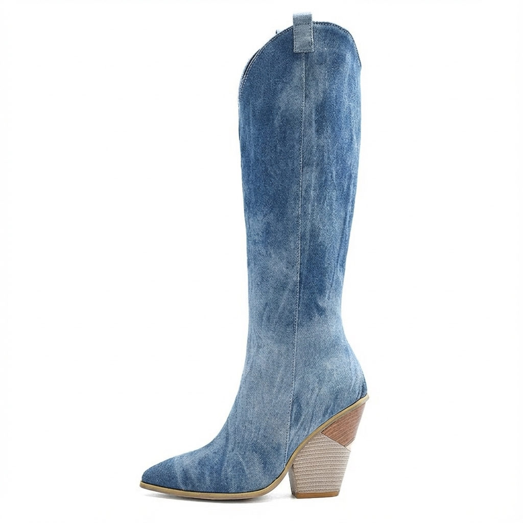 Santiag haute bleu Daim Synthétique Femme - Talon incliné, style western