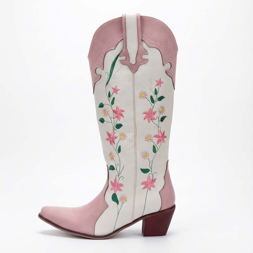Santiag mi-haute blanc Simili Cuir Femme - Broderies florales colorées