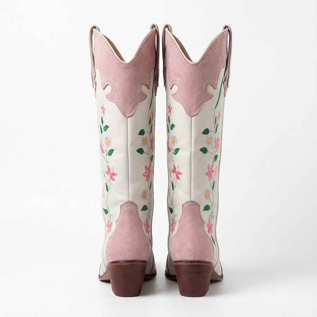 Santiag mi-haute blanc Simili Cuir Femme - Broderies florales colorées