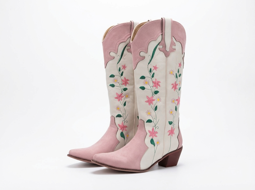 Santiag mi-haute blanc Simili Cuir Femme - Broderies florales colorées