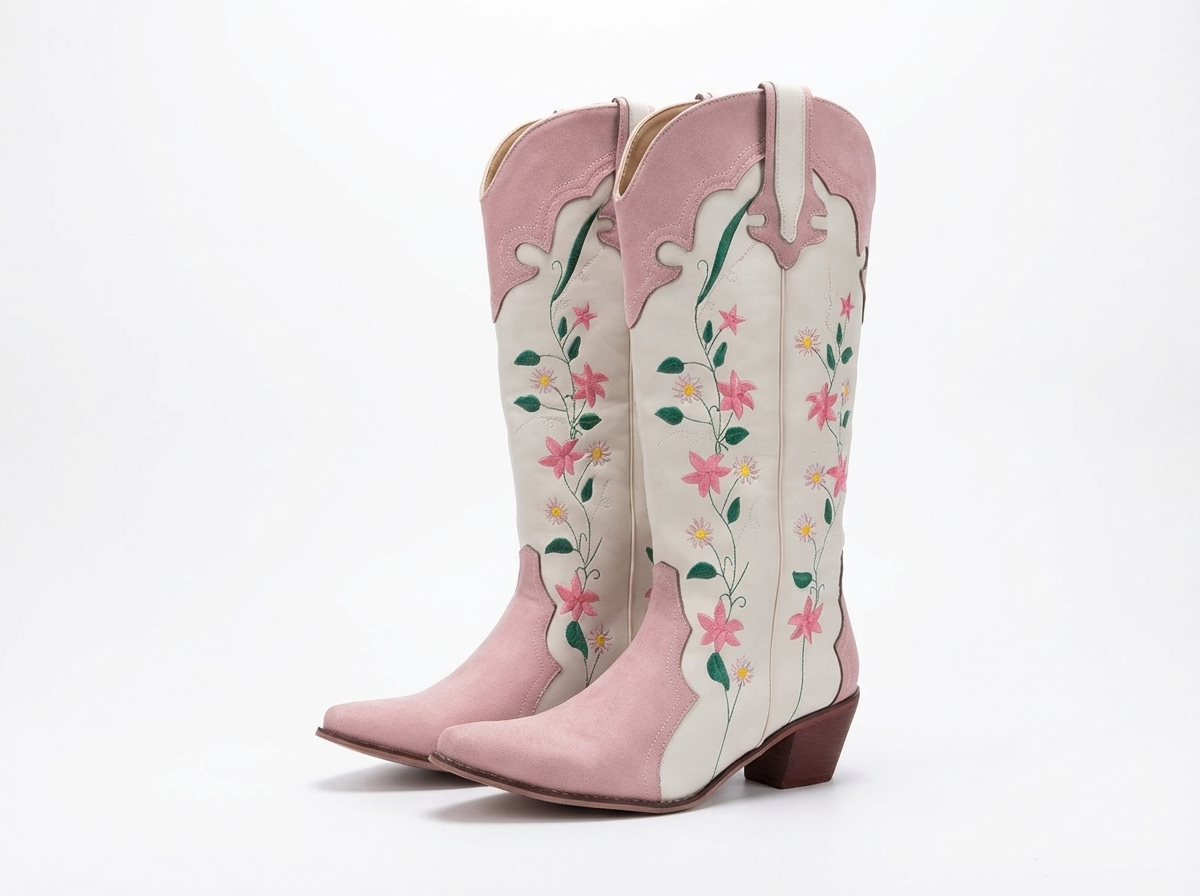Santiag mi-haute blanc Simili Cuir Femme - Broderies florales colorées