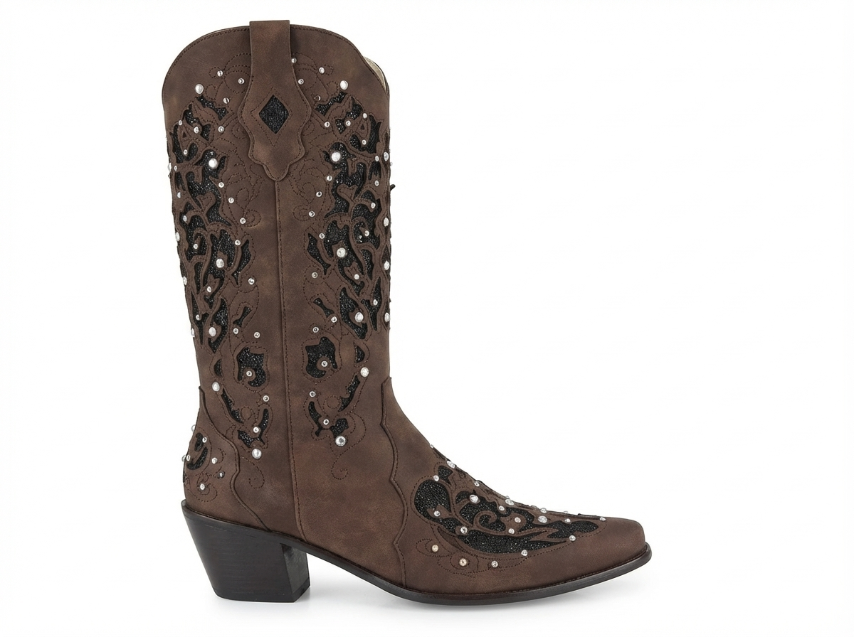 Santiag mi-haute marron Synthétique Femme - Broderies, perles nacrées