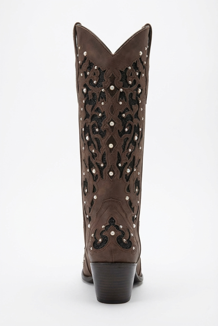 Santiag mi-haute marron Synthétique Femme - Broderies, perles nacrées