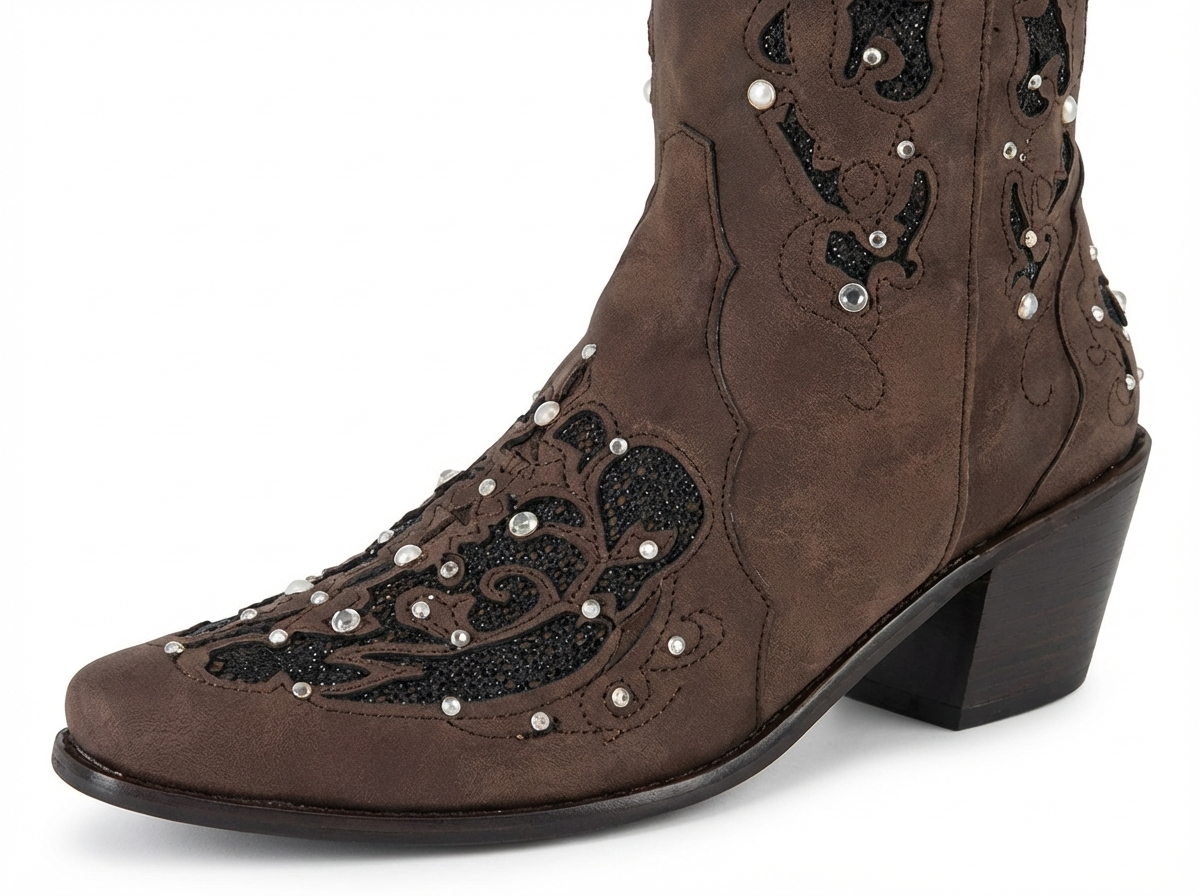 Santiag mi-haute marron Synthétique Femme - Broderies, perles nacrées