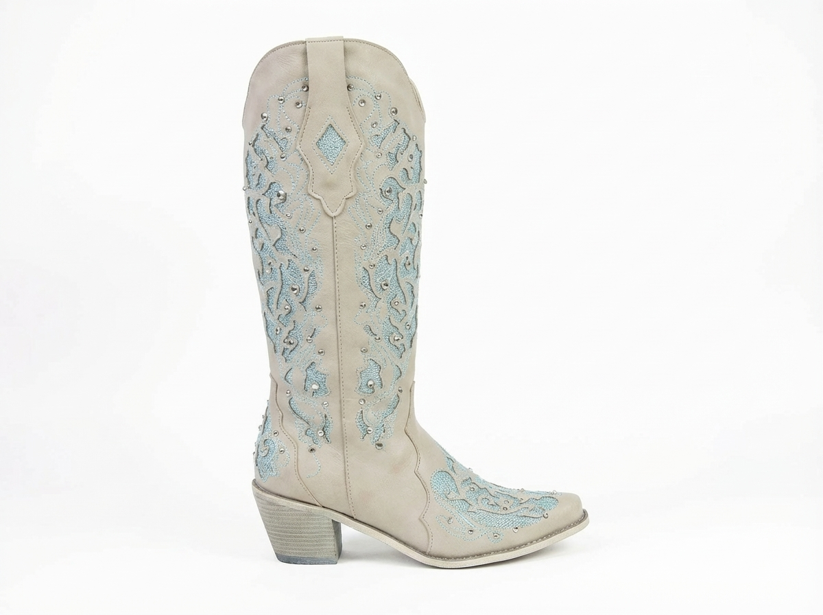 Santiag mi-haute beige Simili Cuir Femme - Broderies florales bleues