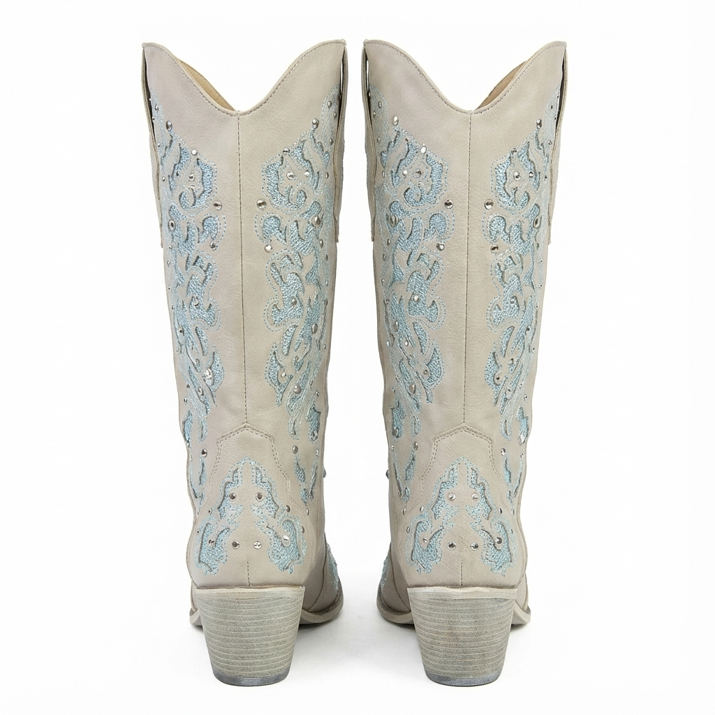 Santiag mi-haute beige Simili Cuir Femme - Broderies florales bleues