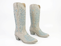 Santiag mi-haute beige Simili Cuir Femme - Broderies florales bleues
