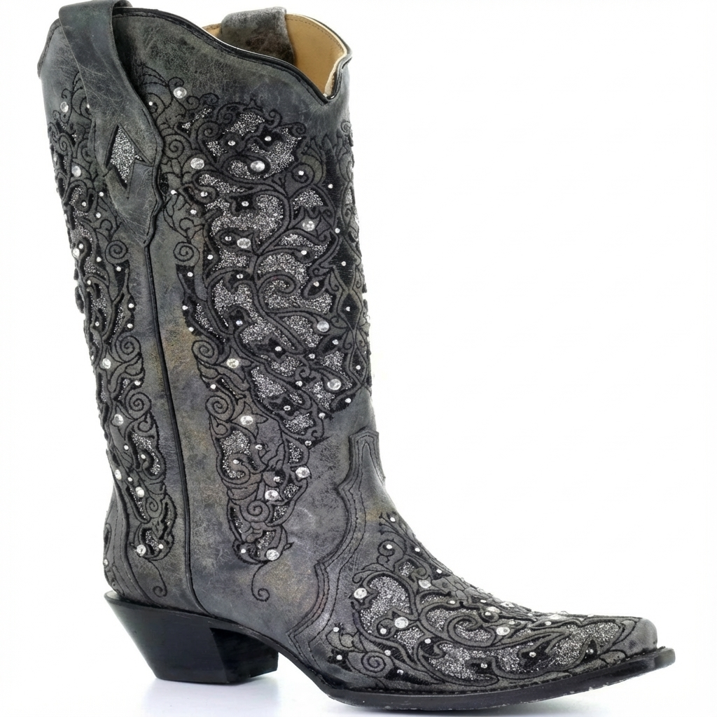 Santiag mi-haute gris Synthétique Femme - Broderies florales, pierres