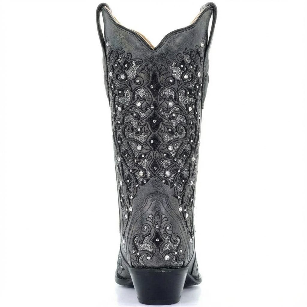 Santiag mi-haute gris Synthétique Femme - Broderies florales, pierres
