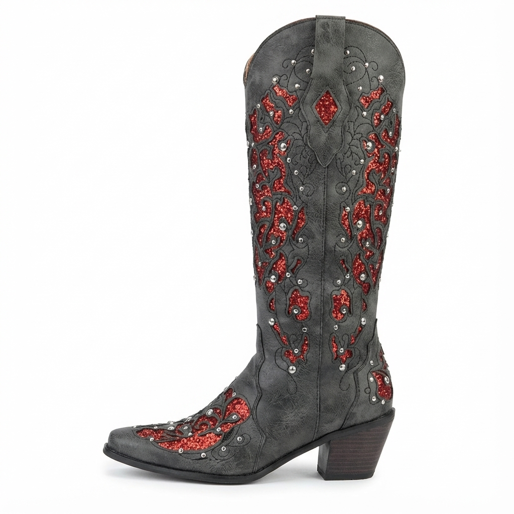 Santiag mi-haute gris Simili Cuir Femme - Broderies florales, perles