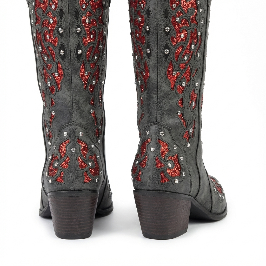 Santiag mi-haute gris Simili Cuir Femme - Broderies florales, perles