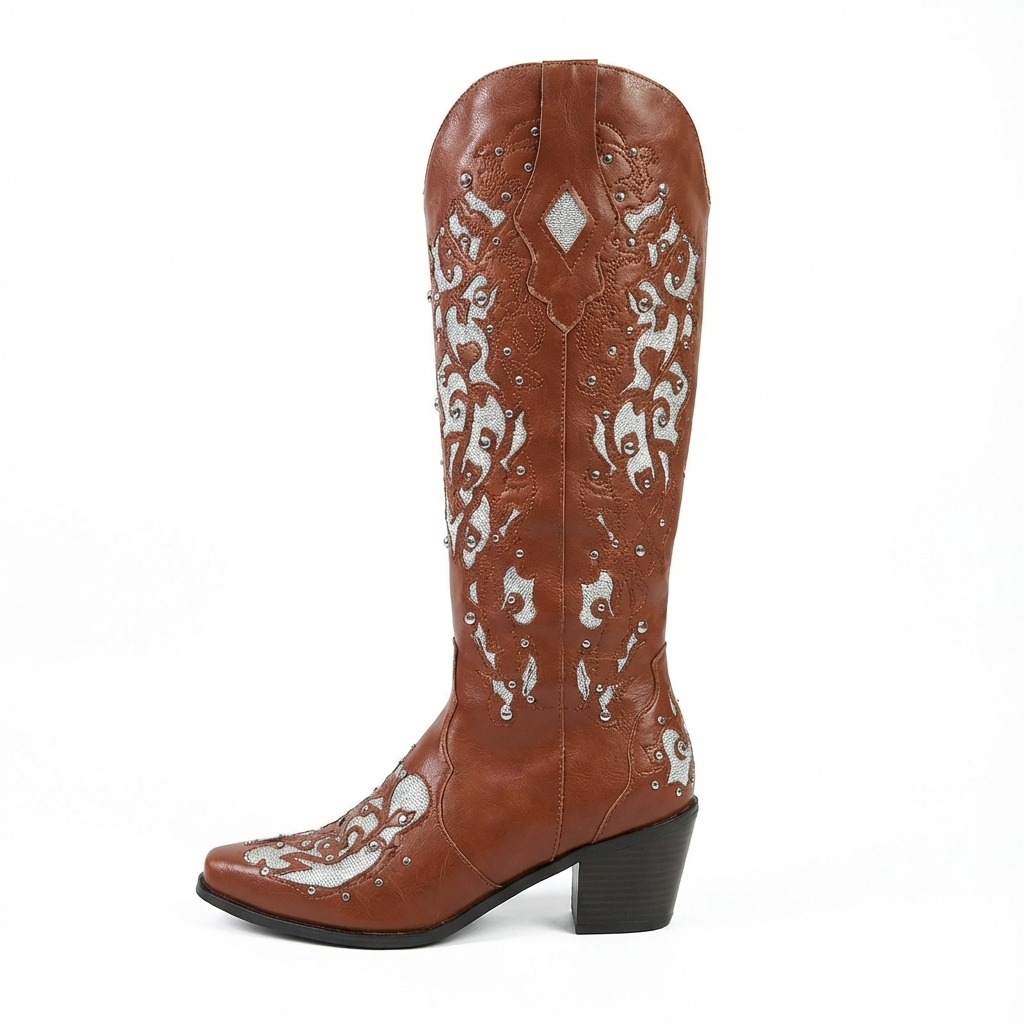 Santiag mi-haute marron Simili Cuir Femme - Broderies contrastées, style western