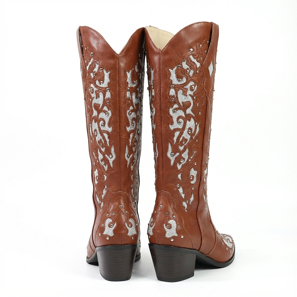 Santiag mi-haute marron Simili Cuir Femme - Broderies contrastées, style western