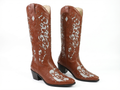 Santiag mi-haute marron Simili Cuir Femme - Broderies contrastées, style western