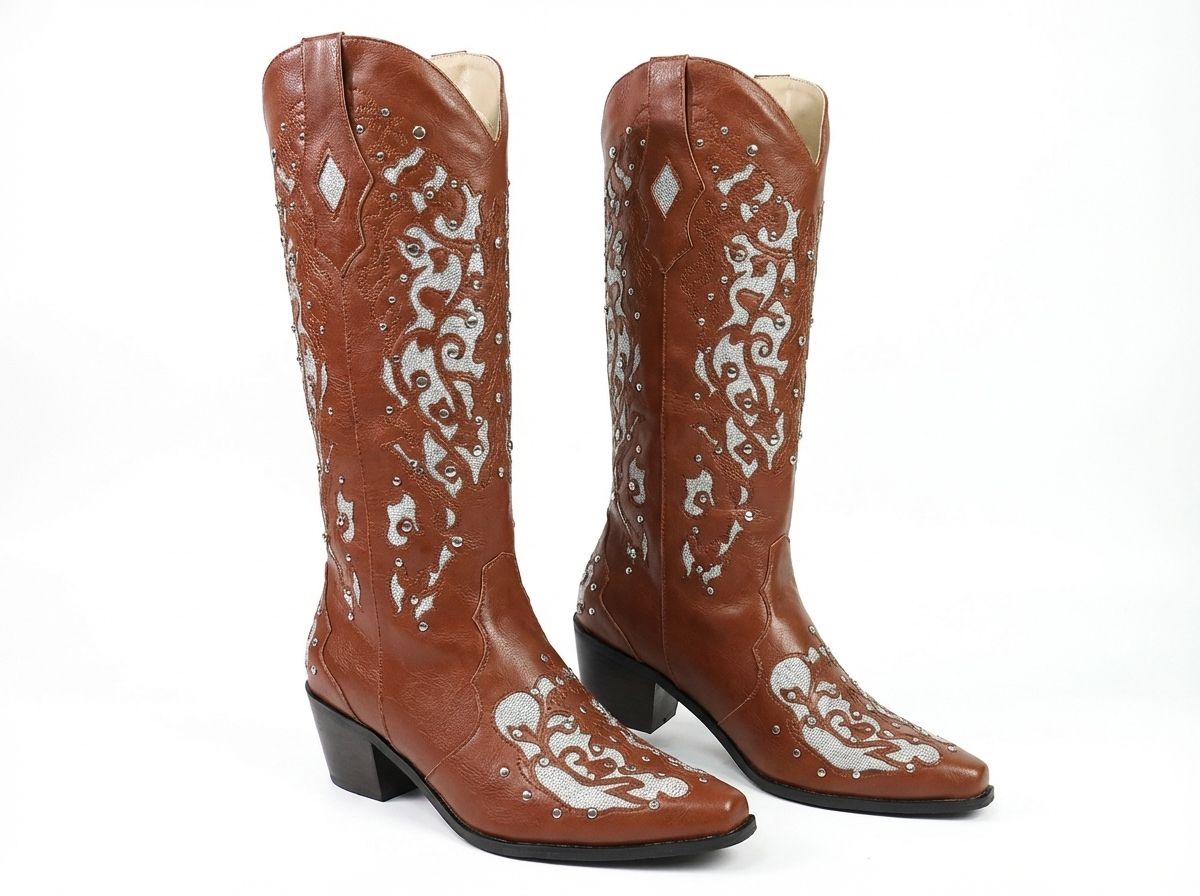 Santiag mi-haute marron Simili Cuir Femme - Broderies contrastées, style western