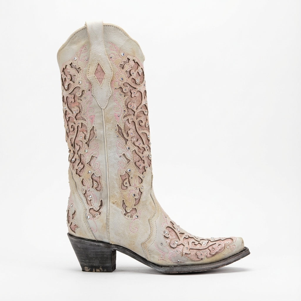 Santiag haute blanc Simili Cuir Femme - Tige brodée florale