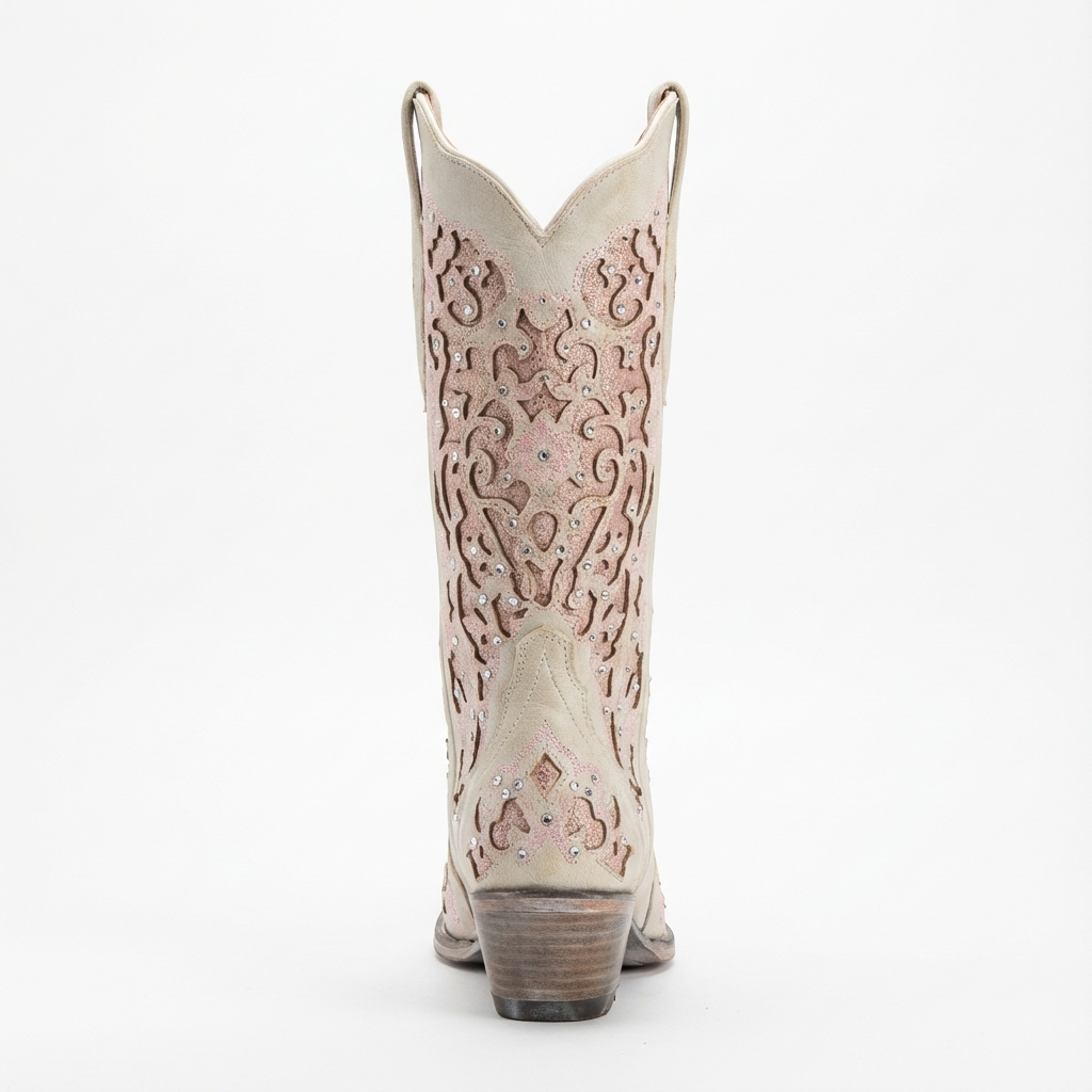 Santiag haute blanc Simili Cuir Femme - Tige brodée florale