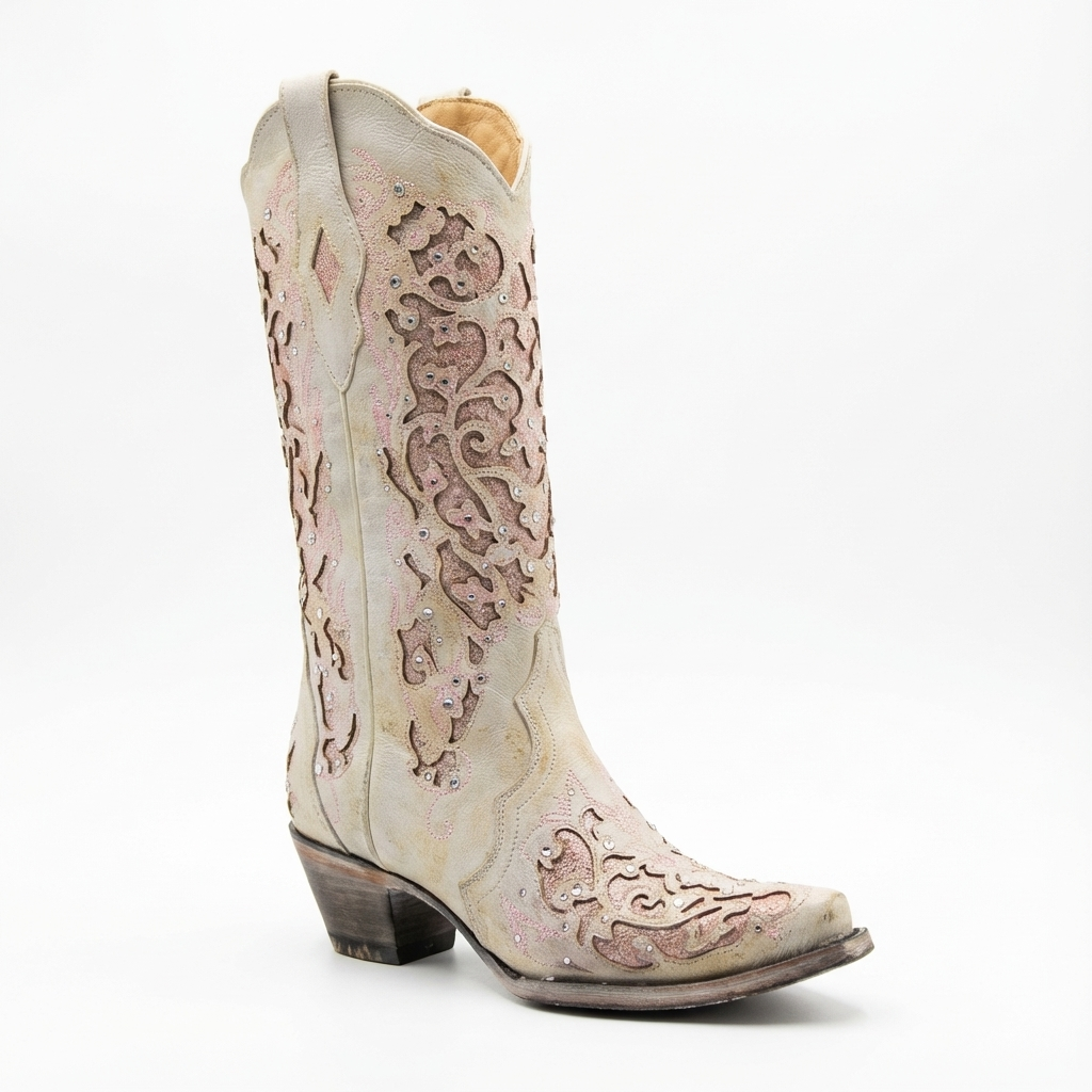 Santiag haute blanc Simili Cuir Femme - Tige brodée florale