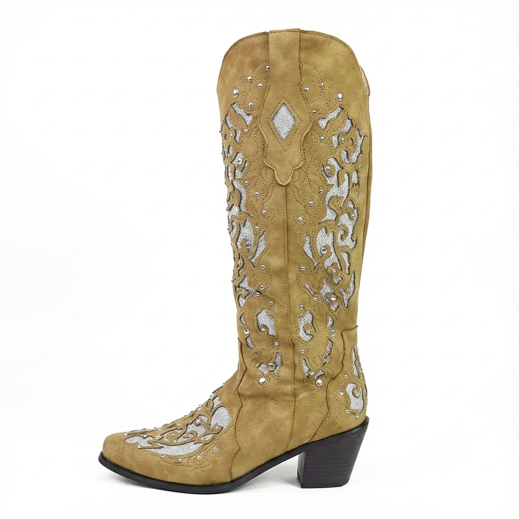 Santiag mi-haute camel Simili Cuir Femme - Broderies florales