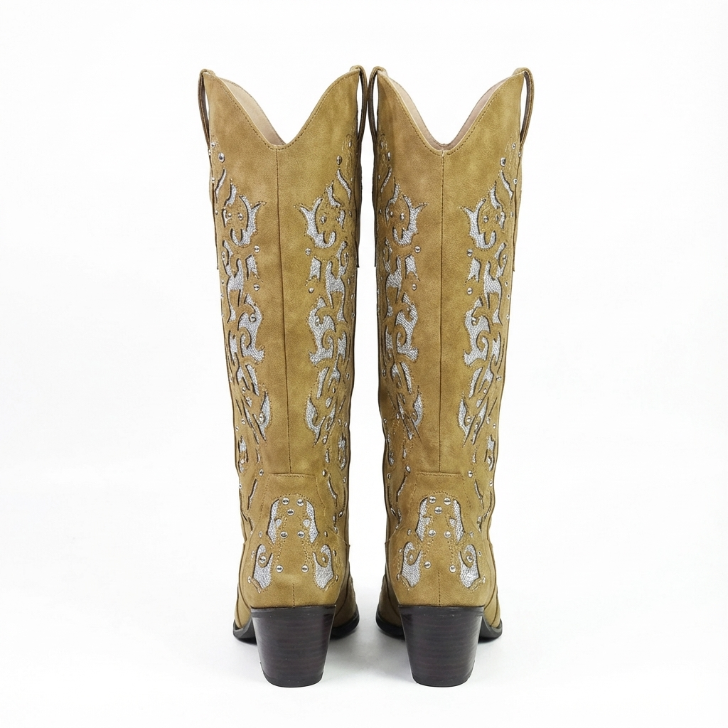 Santiag mi-haute camel Simili Cuir Femme - Broderies florales