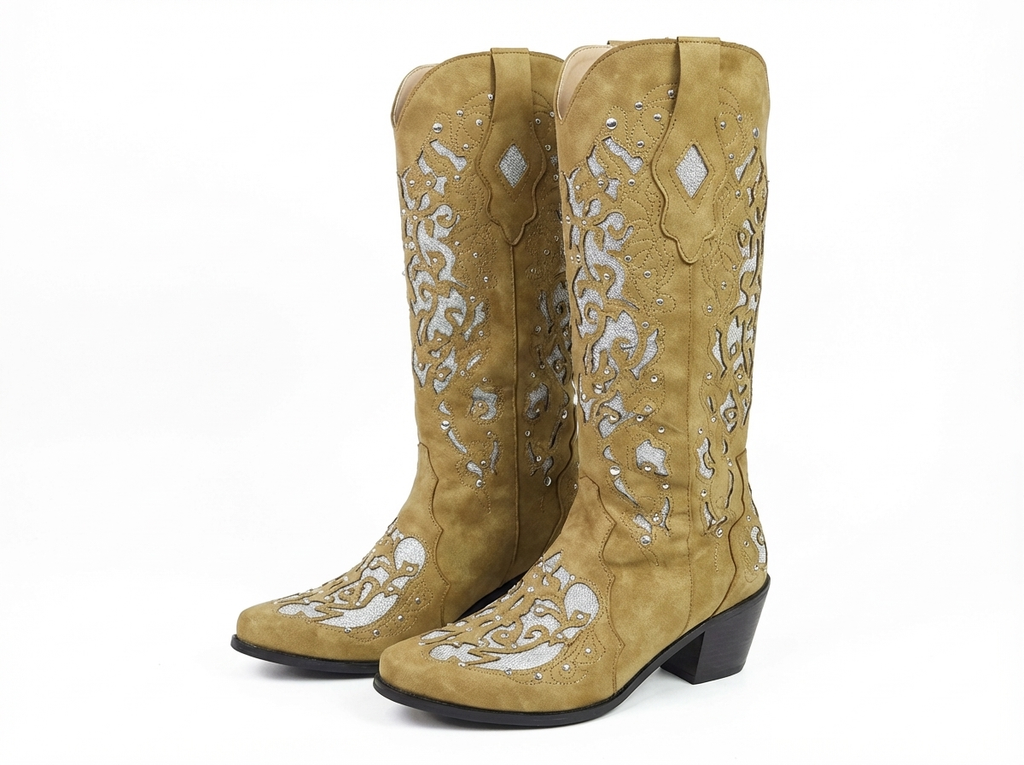 Santiag mi-haute camel Simili Cuir Femme - Broderies florales