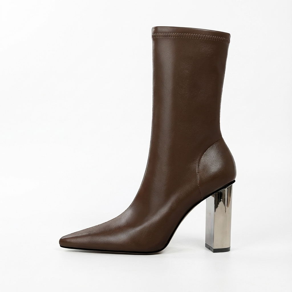 Bottine à talon marron Simili Cuir Femme - Talon métallisé, bout pointu