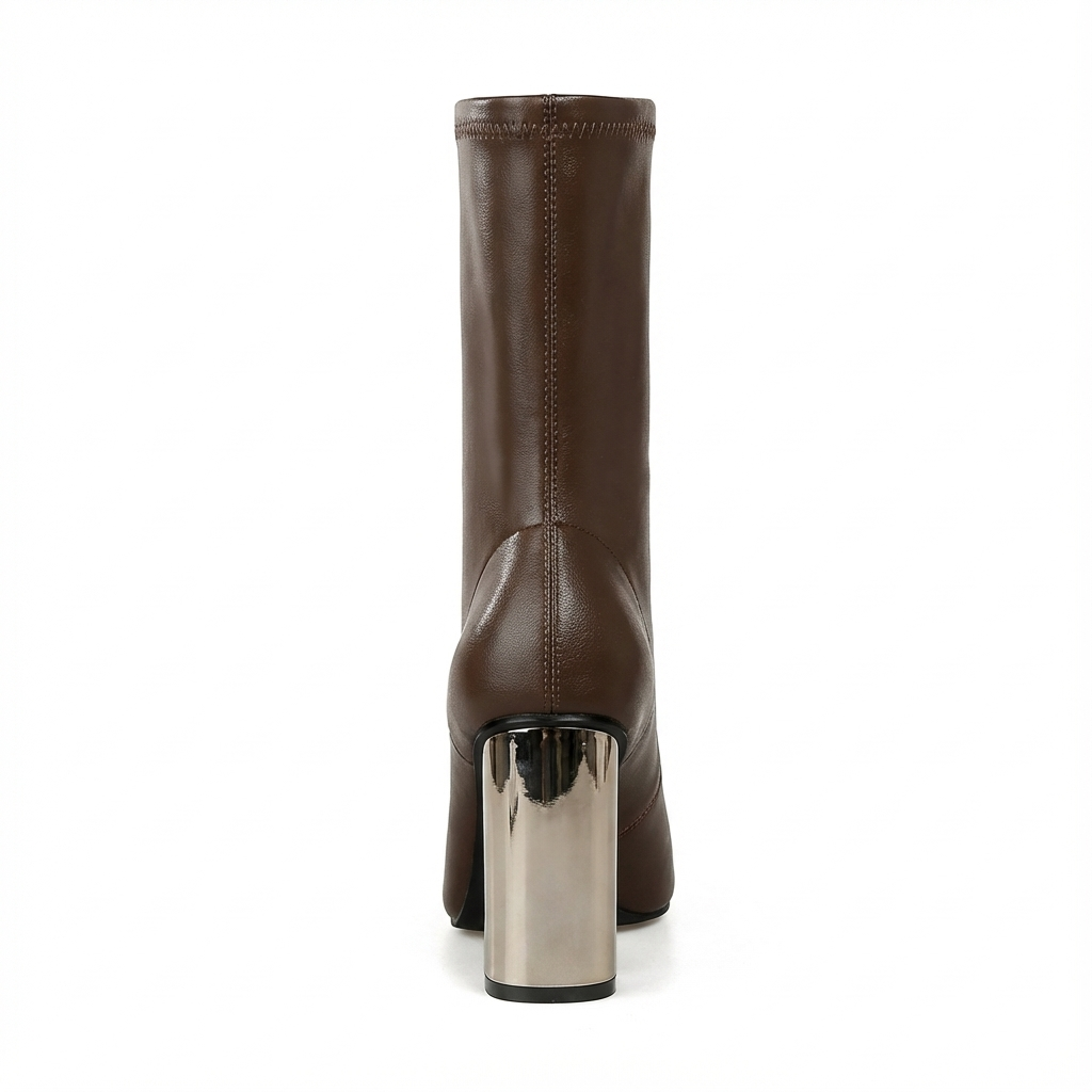 Bottine à talon marron Simili Cuir Femme - Talon métallisé, bout pointu