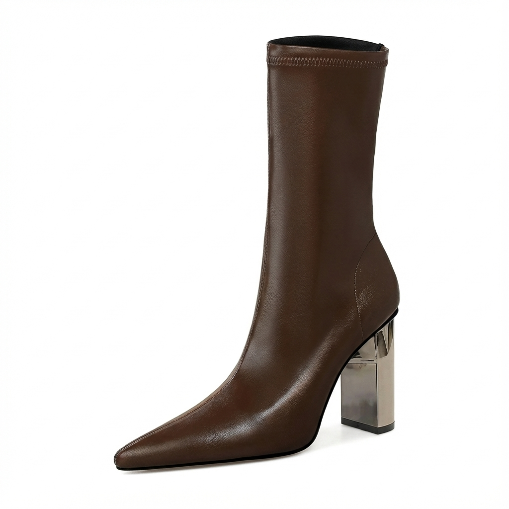 Bottine à talon marron Simili Cuir Femme - Talon métallisé, bout pointu