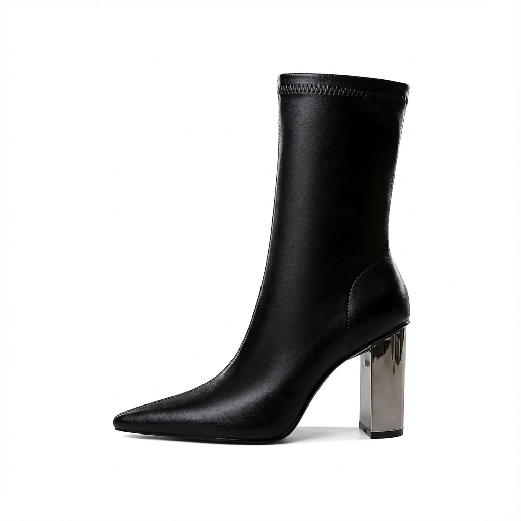 Bottine noir Simili Cuir Femme - Talon métallisé