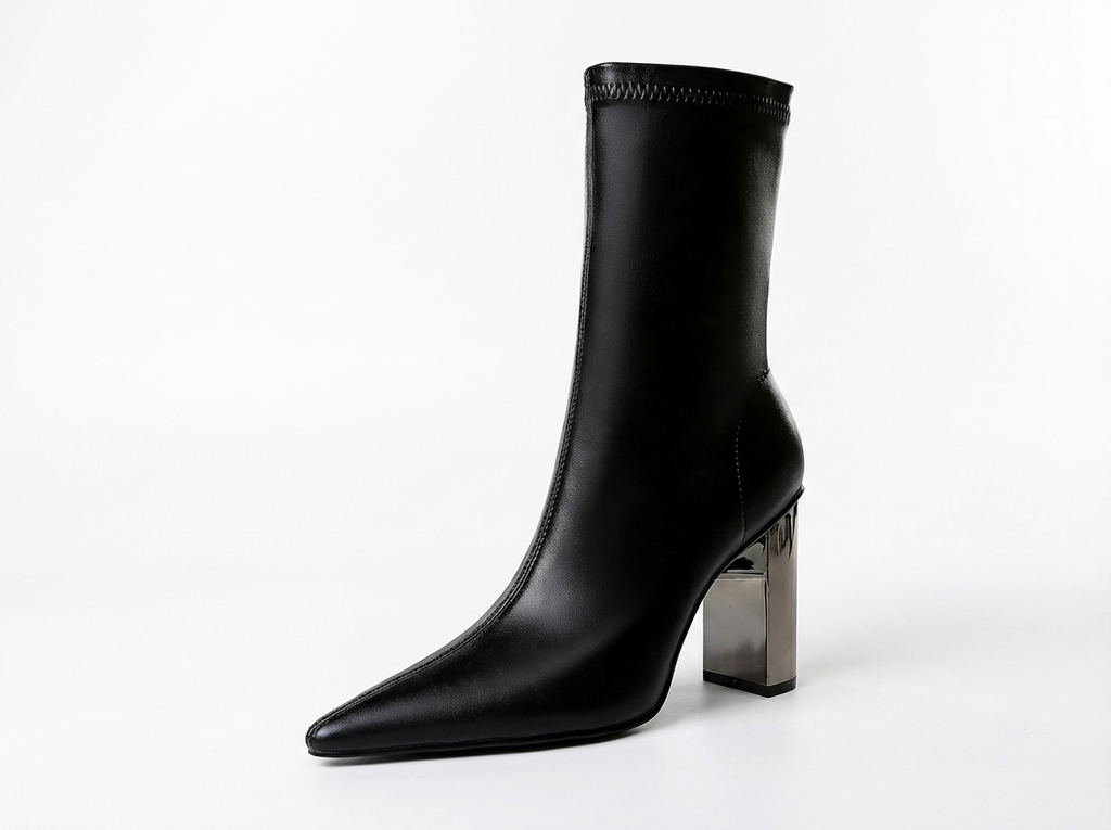 Bottine noir Simili Cuir Femme - Talon métallisé